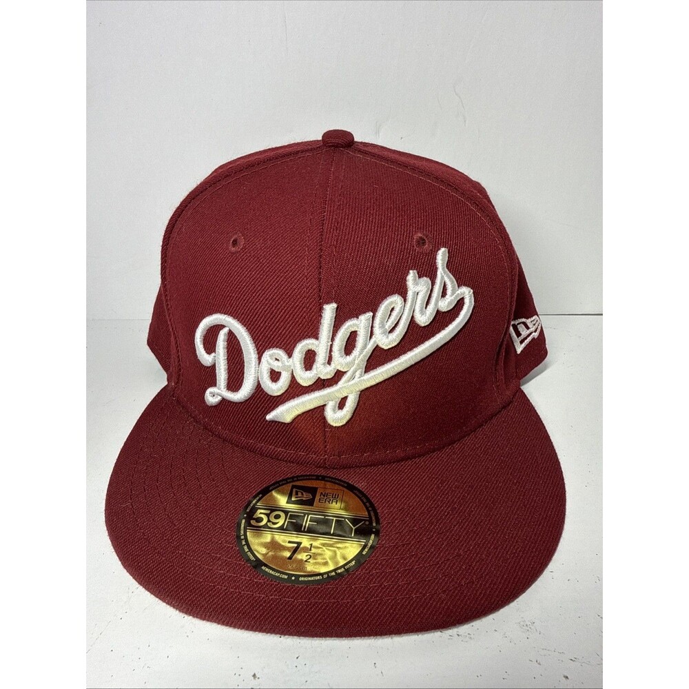 Los Angeles Dodgers MLB Script Logo New Era 59FIFTY Fitted Maroon Hat